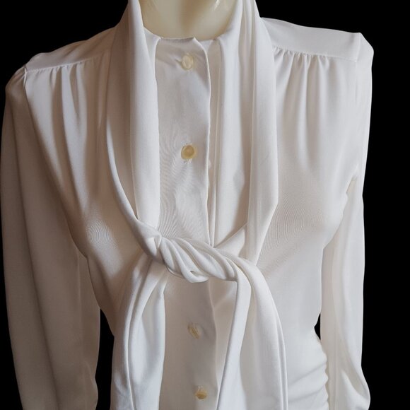 Vintage Women's Small Blouse Top 1970s White Secretary Tie Neck Stretch Granny - Picture 1 of 6